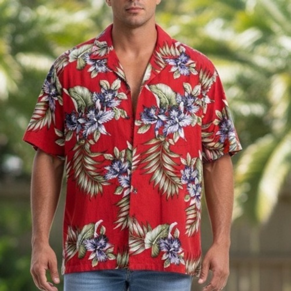 Aloha Republic Men XXL Red Tropical Floral Palm Leaf Hawaiian Shirt‎ Made in USA
